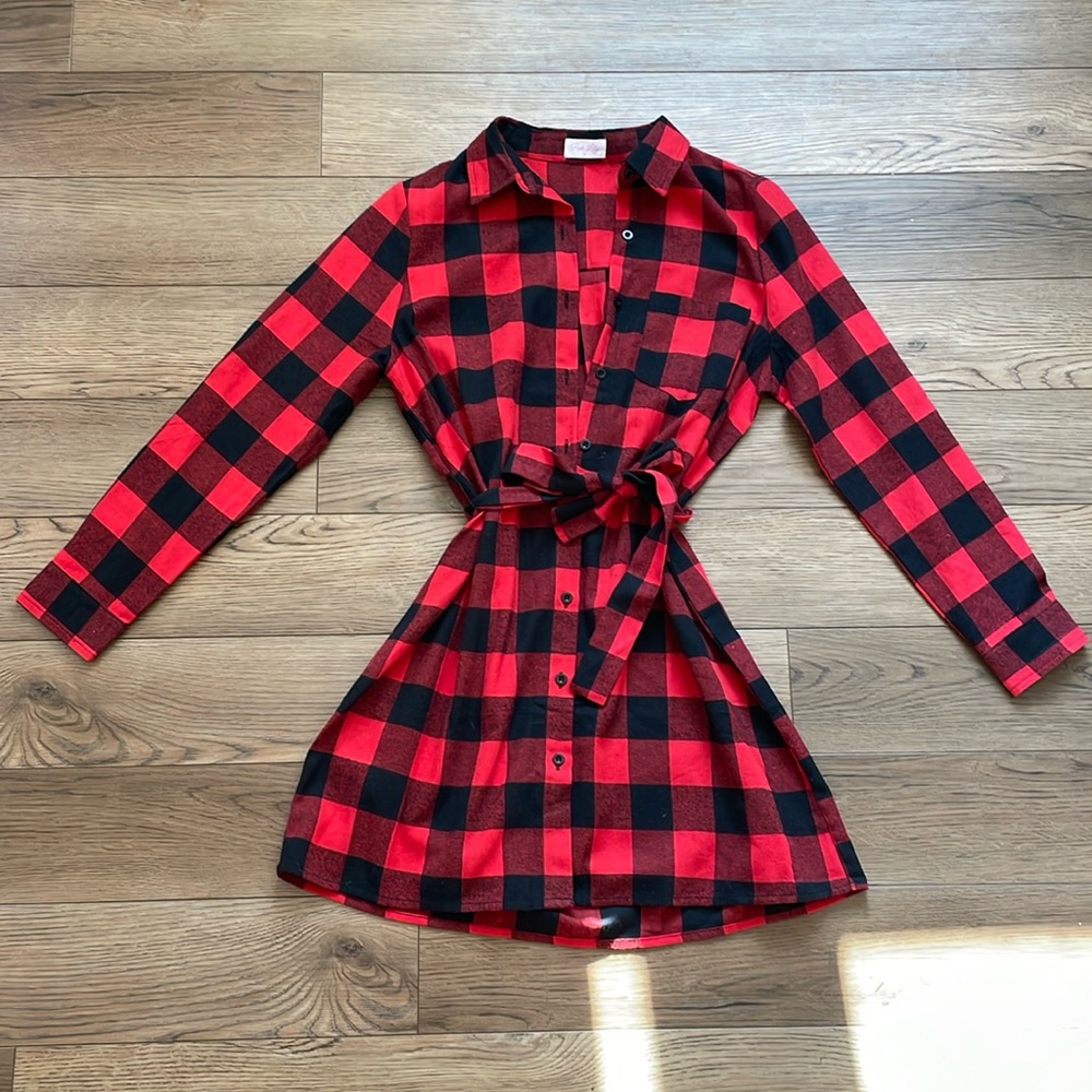 Pink lily buffalo plaid shirt dress